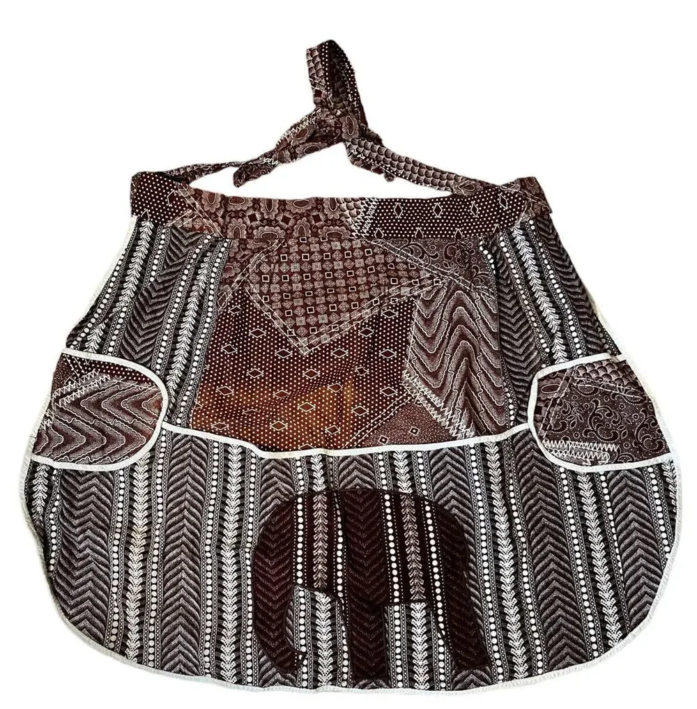 Vtg Bib Apron Brown Elephant Calico 70s Groovy Mod Boho